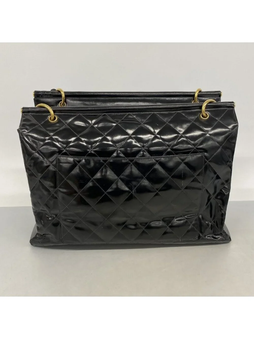 Chanel Tote Bag Quilted Patent Leather Black Gold
